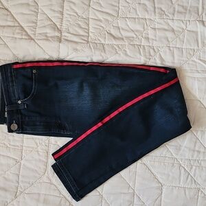 Maison Jules Dark Blue Ankle Jeans with Red Strip Up The Leg